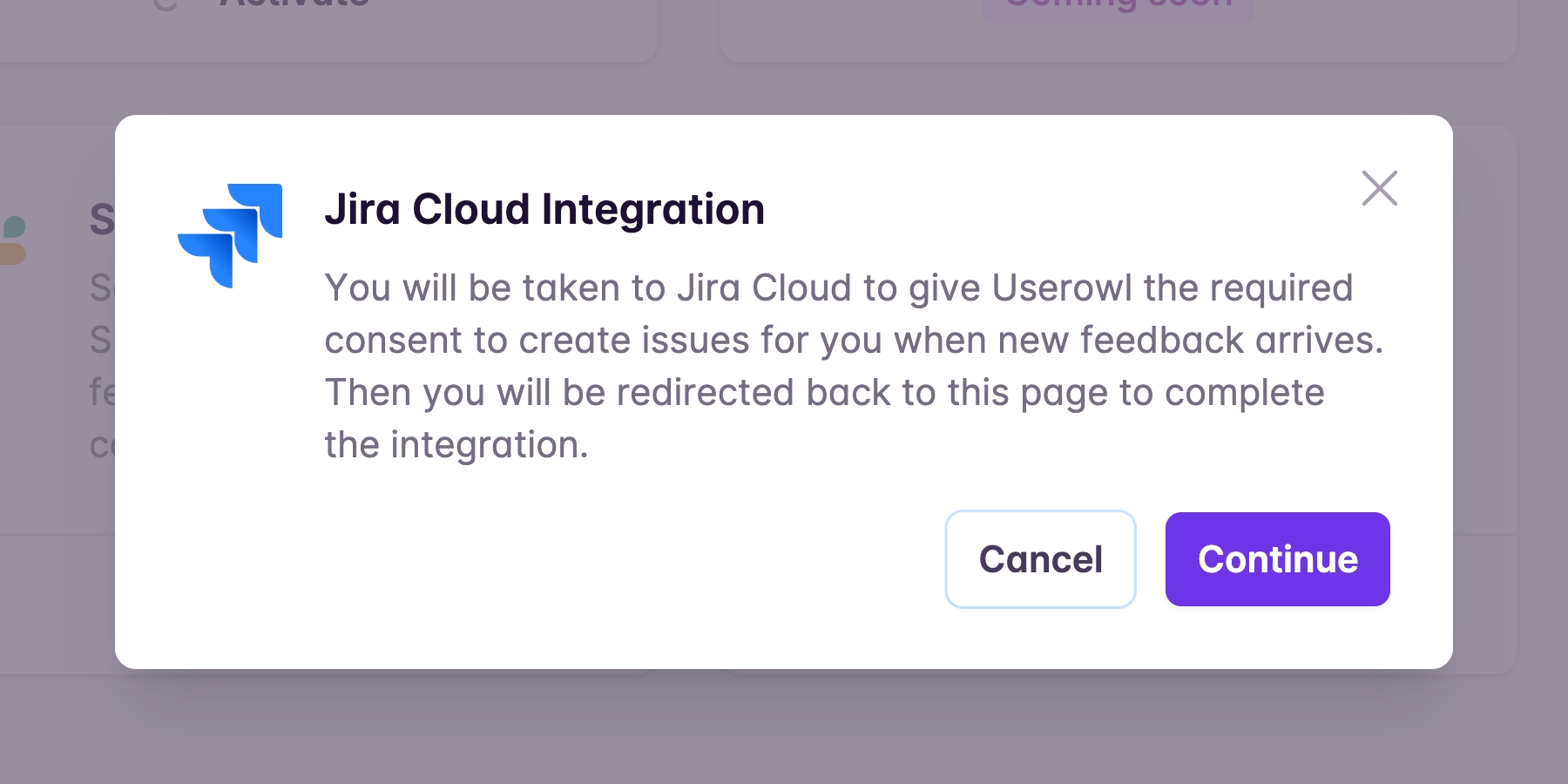 Jira Cloud Integration Activate Popup