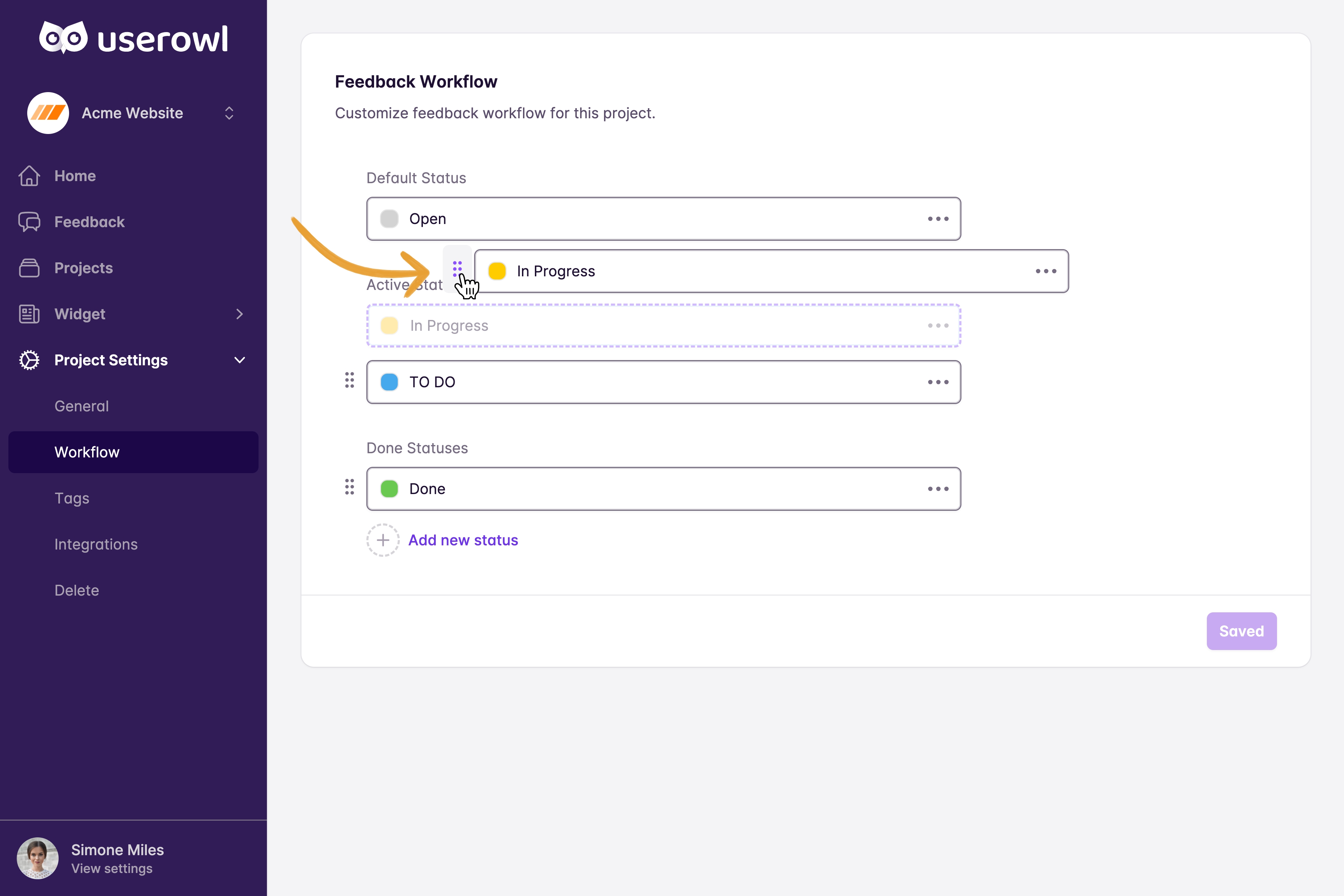 Reordering workflow statuses