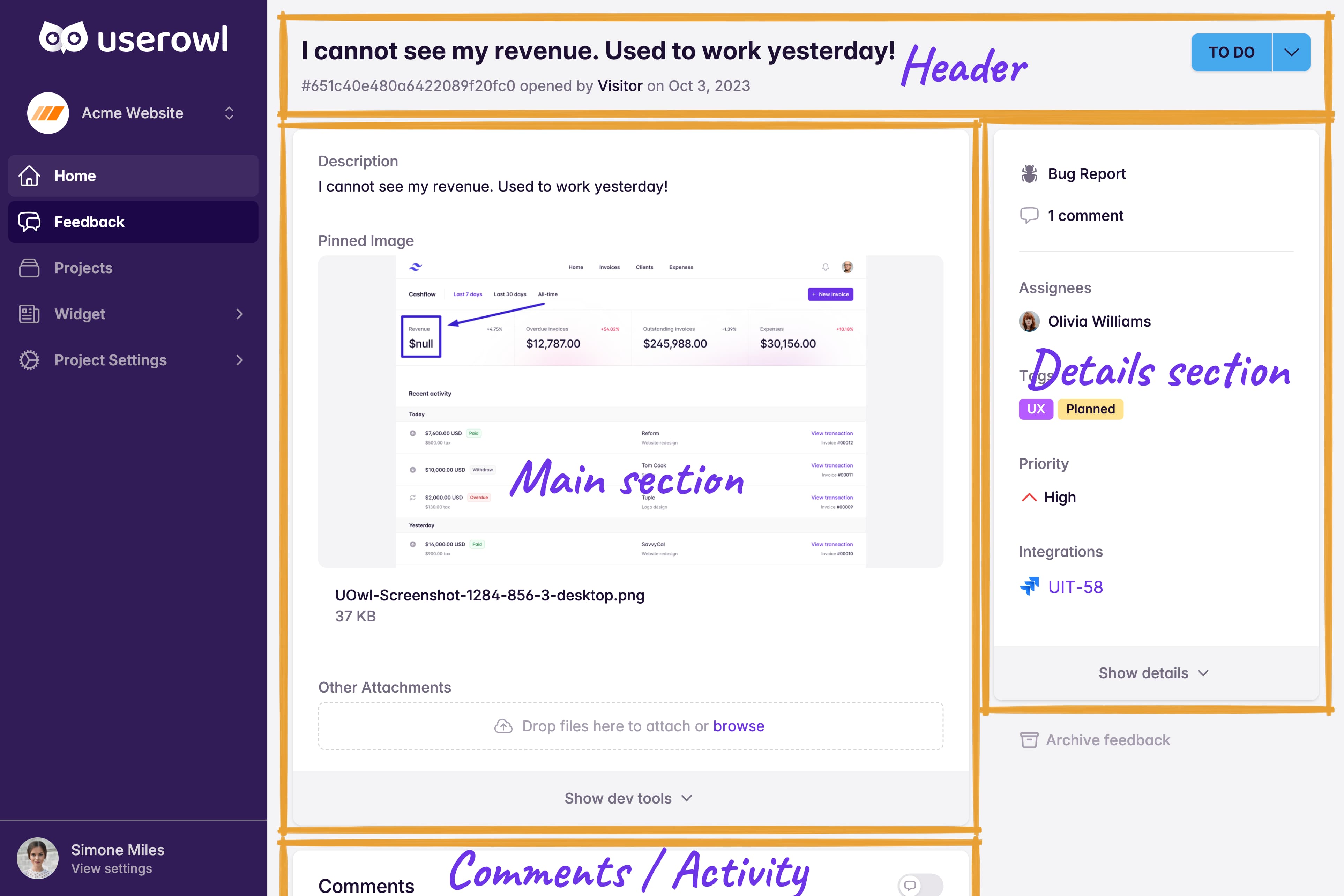 Feedback detail sections