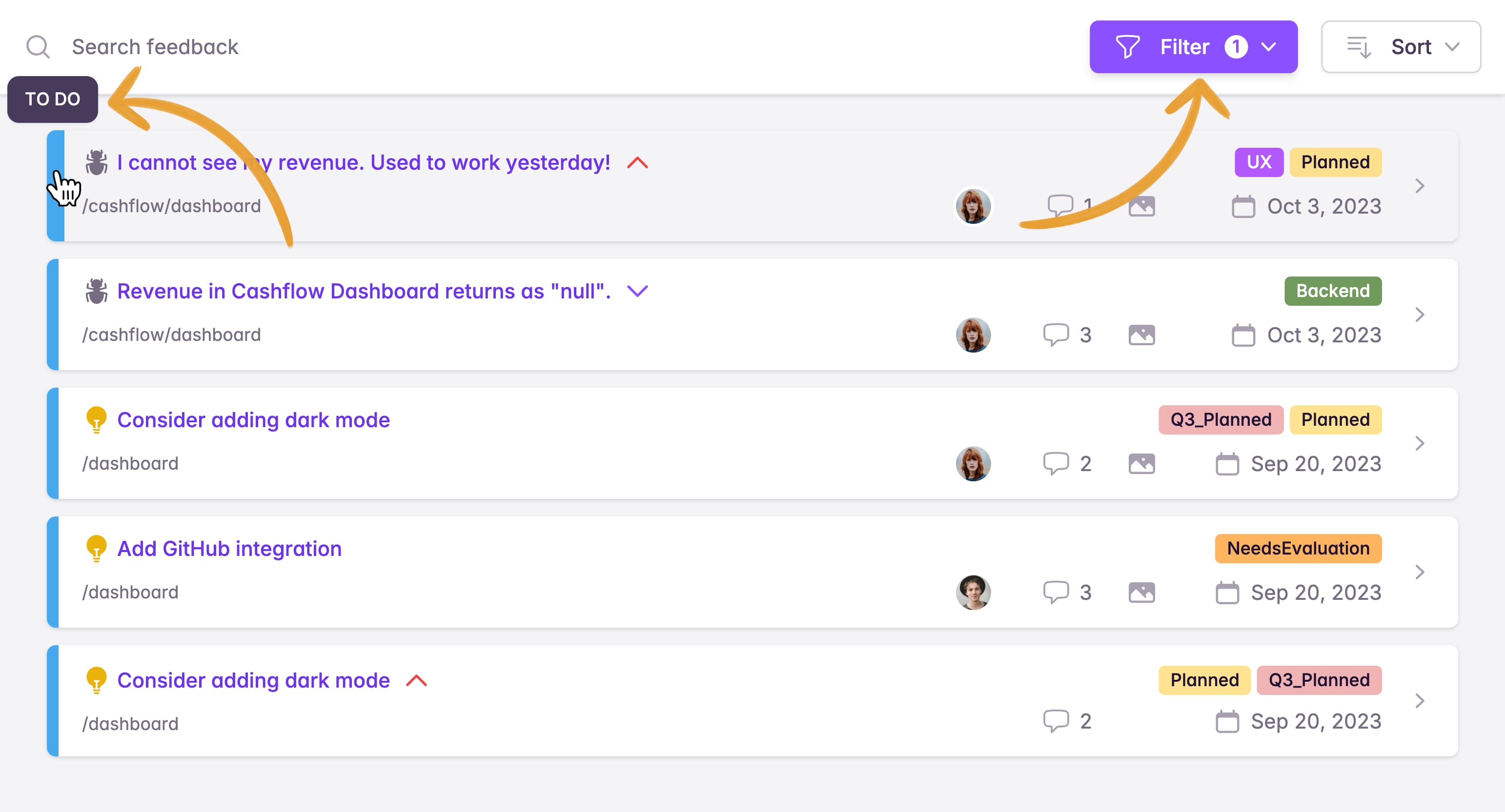 Filter applied to feedback list