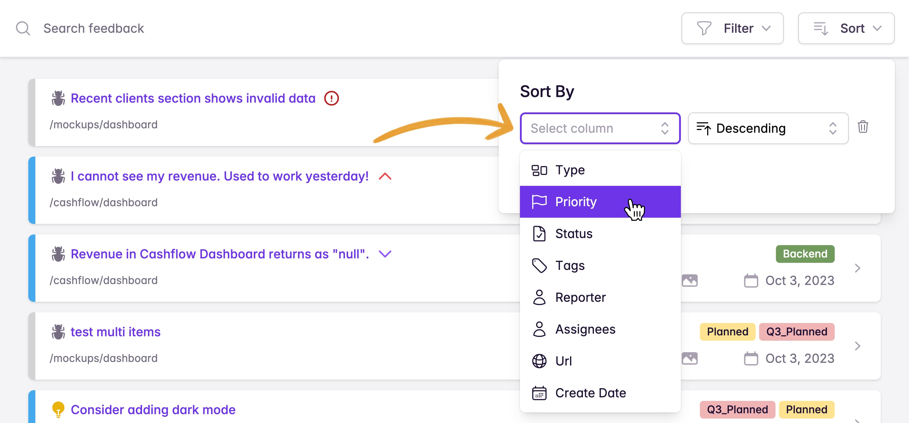 Selecting sort attribute
