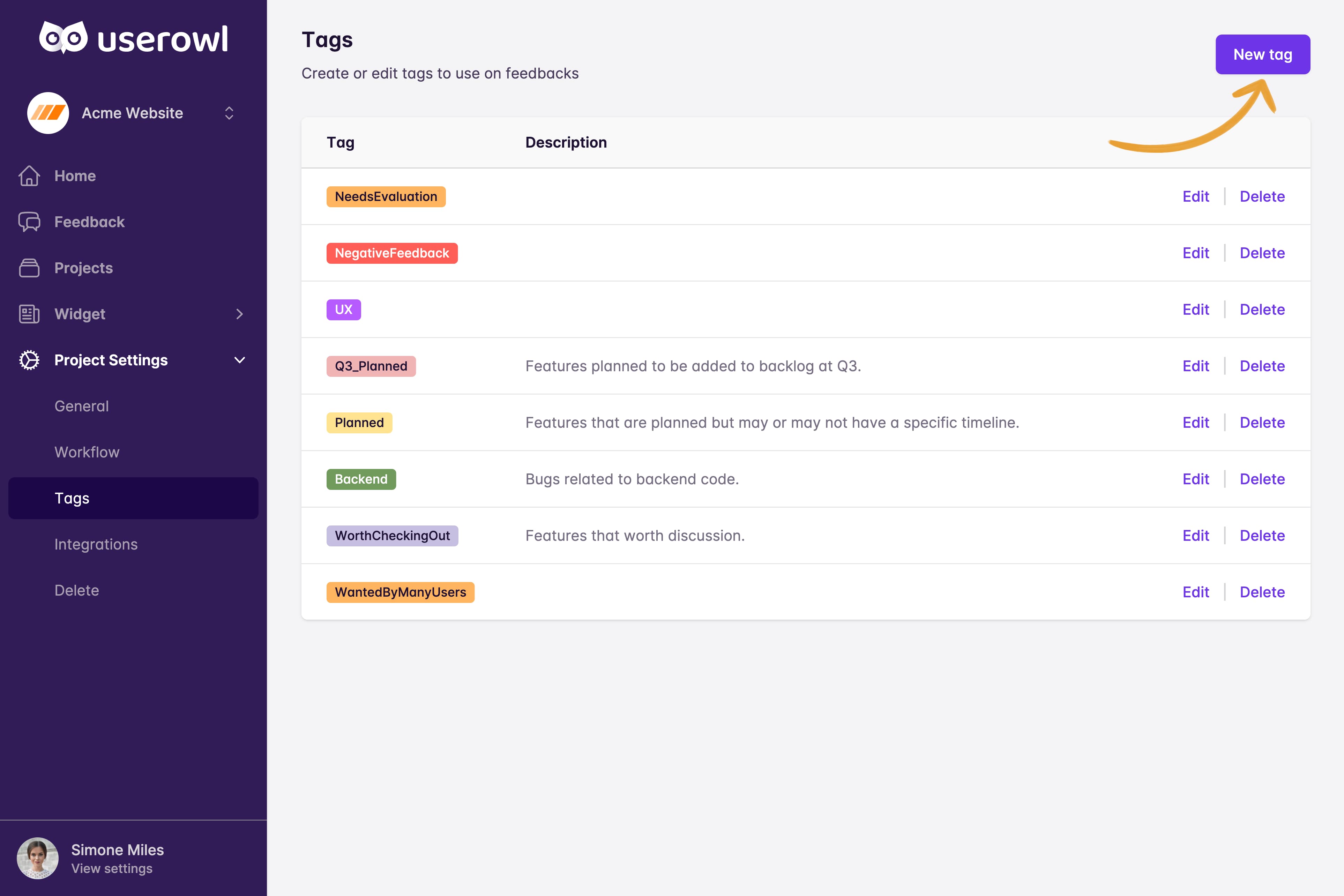 Tags page